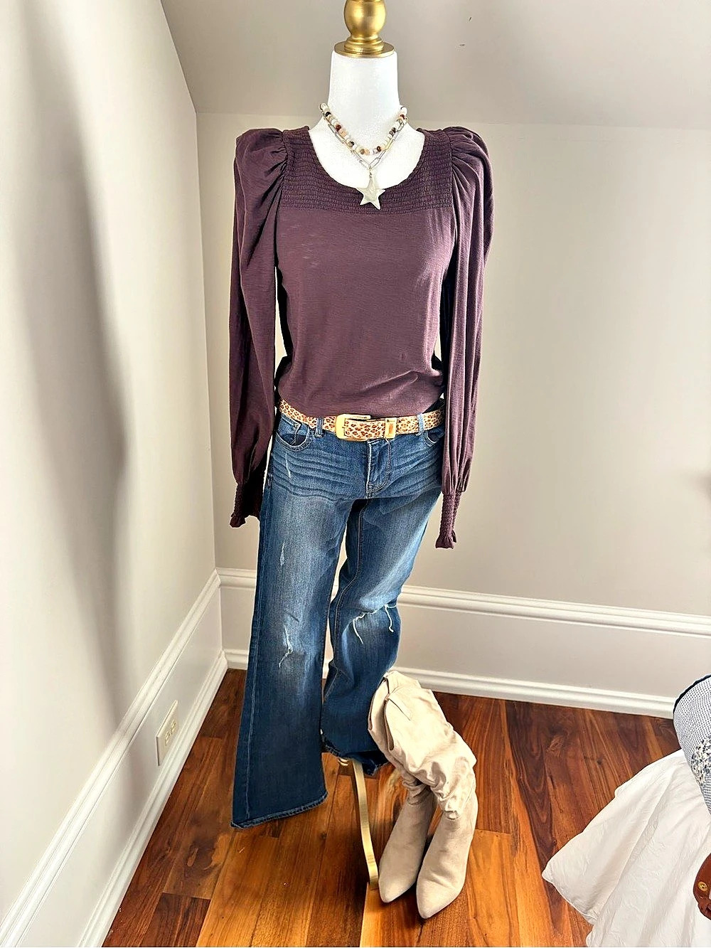 NATION Long Sleeve Puff Shoulder Top in Purple/brown Size Small Like New